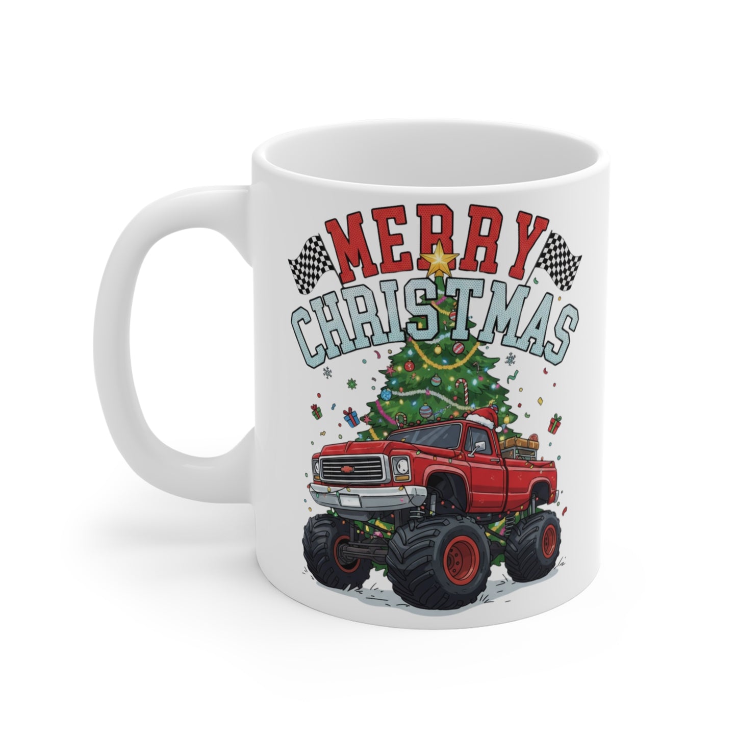 Monster Truck Christmas Mug | 11oz Ceramic Coffee Cup | Holiday Gift for Truck Lovers