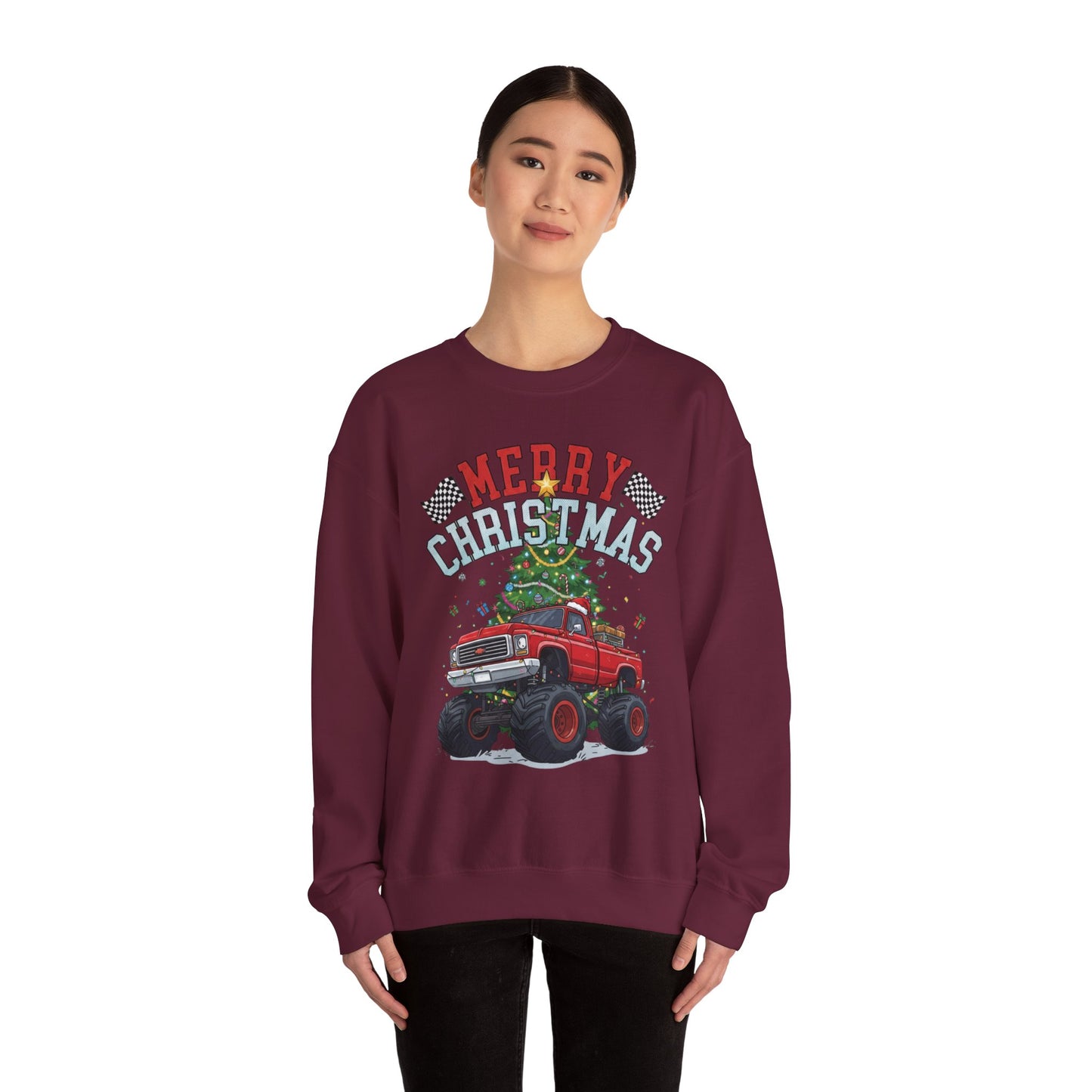 Merry Christmas Monster Truck Sweatshirt, Unisex Crewneck, Holiday Gift, Christmas Apparel, Festive Sweatshirt, Winter Fashion