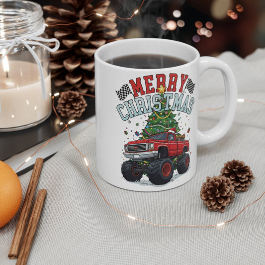 Monster Truck Christmas Mug | 11oz Ceramic Coffee Cup | Holiday Gift for Truck Lovers