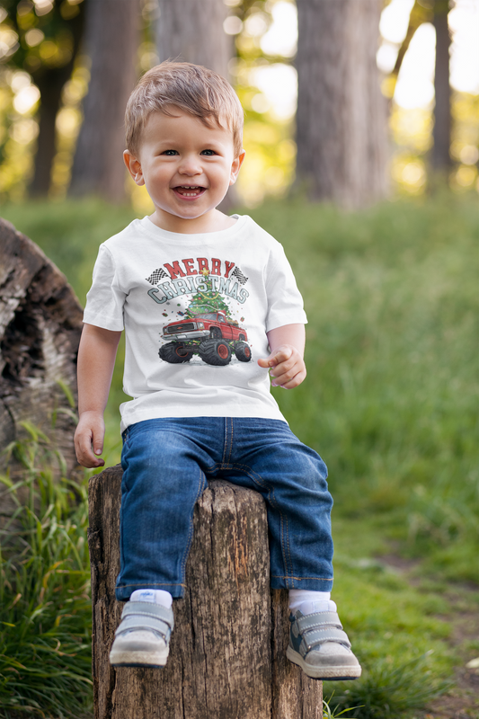 Festive Monster Truck Toddler Tee - Cute Christmas Shirt for Kids, Holiday Gift, Christmas Party, Toddler Apparel, Fun Winter Outfit