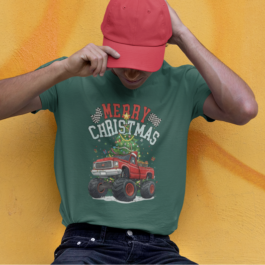 Merry Christmas Monster Truck Tee, Holiday T-Shirt, Christmas Gift, Unisex Shirt, Fun Family Apparel