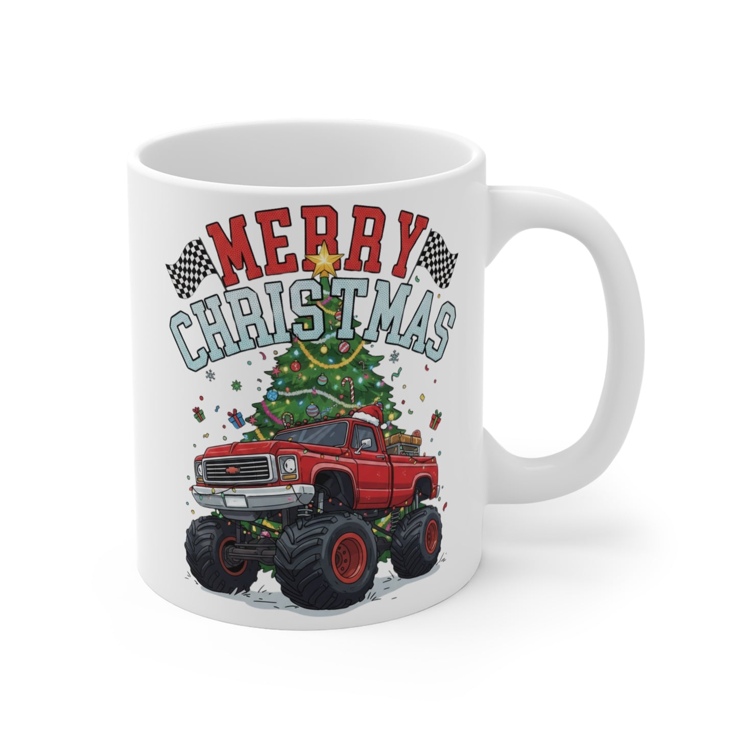 Monster Truck Christmas Mug | 11oz Ceramic Coffee Cup | Holiday Gift for Truck Lovers