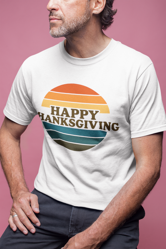 Happy Thanksgiving Retro Shirt - Vintage 70s Striped Aviator Style Tee Gift