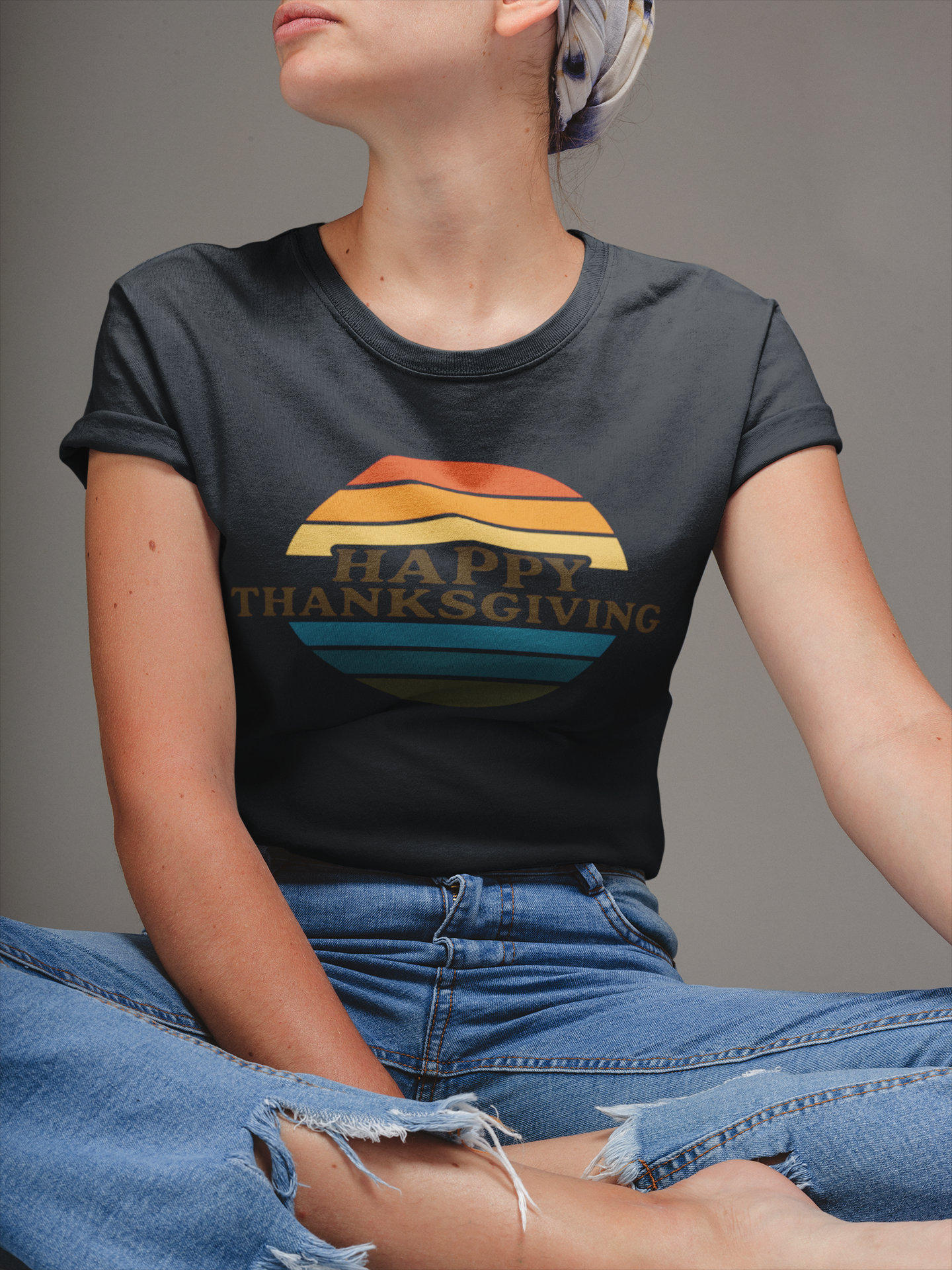 Happy Thanksgiving Retro Shirt - Vintage 70s Striped Aviator Style Tee Gift