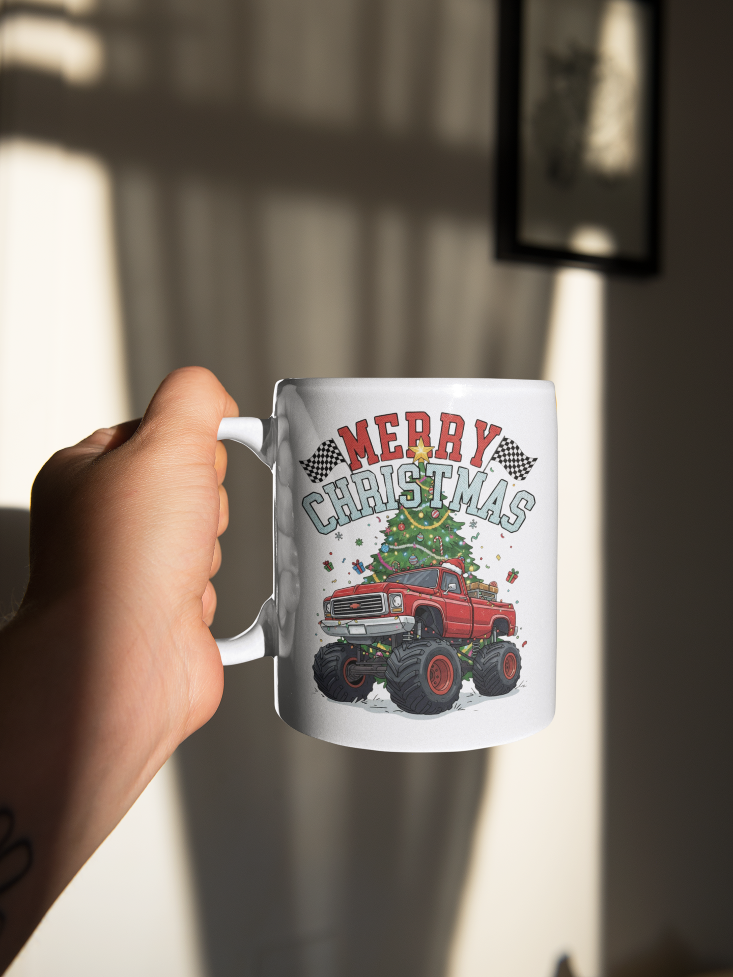 Monster Truck Christmas Mug | 11oz Ceramic Coffee Cup | Holiday Gift for Truck Lovers